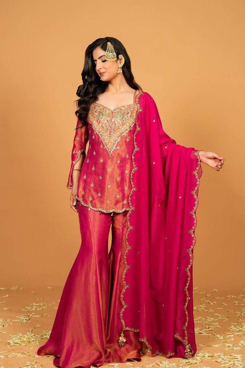 New Designer Collection In simar silk With Embroidery Work Top-Bottom And Dupatta Set Fully Stitched Ready To Wear