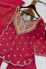 New Chinnon Silk With Heavy Embroidery Sequence Work Top-Plazo And Dupatta Set With Fully Stitched Ready To Wear Collection