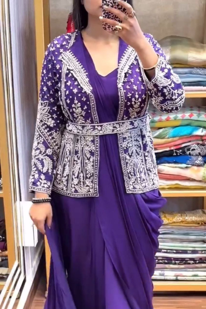 Super Trending Embroidery Sequence work saree with full koti - Vastra Gehna