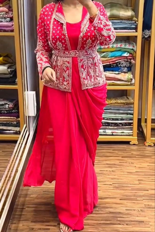 Super Trending Embroidery Sequence work saree with full koti - Vastra Gehna