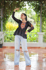 Georgette Schiffli work with  Kutchi Gamthi Patch Work