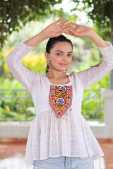 Georgette Schiffli work with  Kutchi Gamthi Patch Work