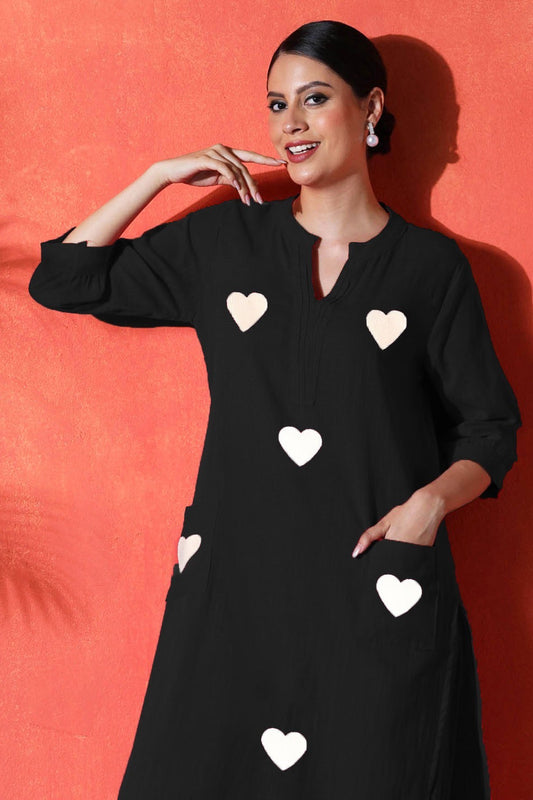 black; suit with white heart print  on cotton Co-Ord Set (Copy) - Vastra Gehna