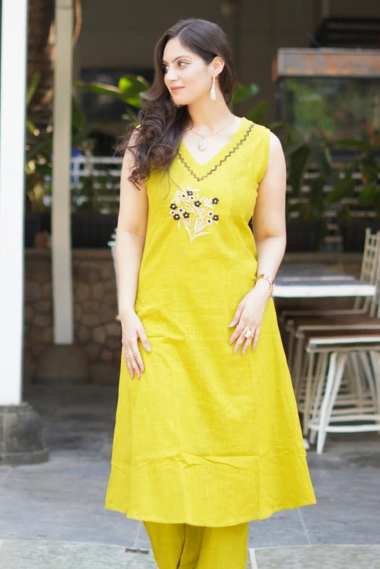yellow bright suit with black floral  embroidary Cotton Co-Ord Set - Vastra Gehna
