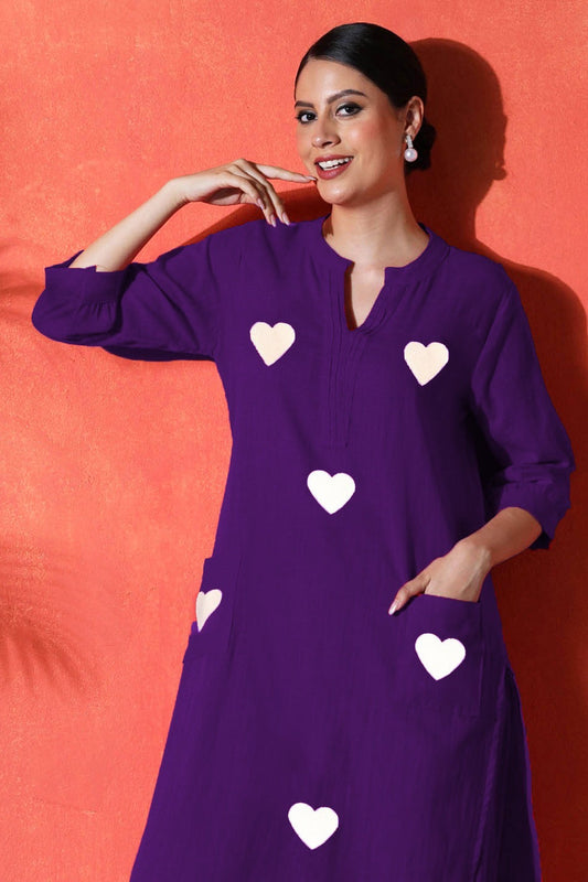 purple suit with white heart print  on cotton Co-Ord Set - Vastra Gehna