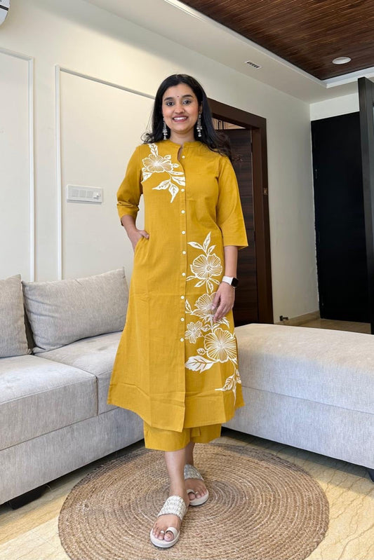 yellow suit with white embroidary  Cotton Co-Ord Set - Vastra Gehna