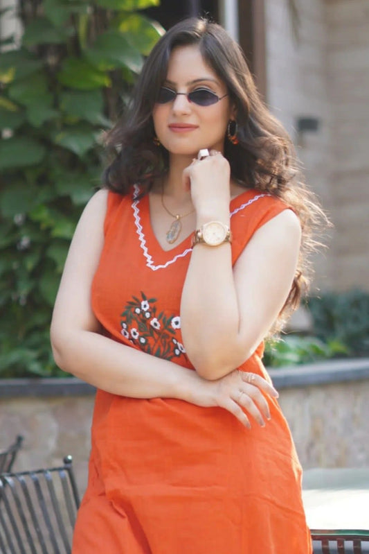 orange suit with embroidary&nbsp; Cotton Co-Ord Set - Vastra Gehna