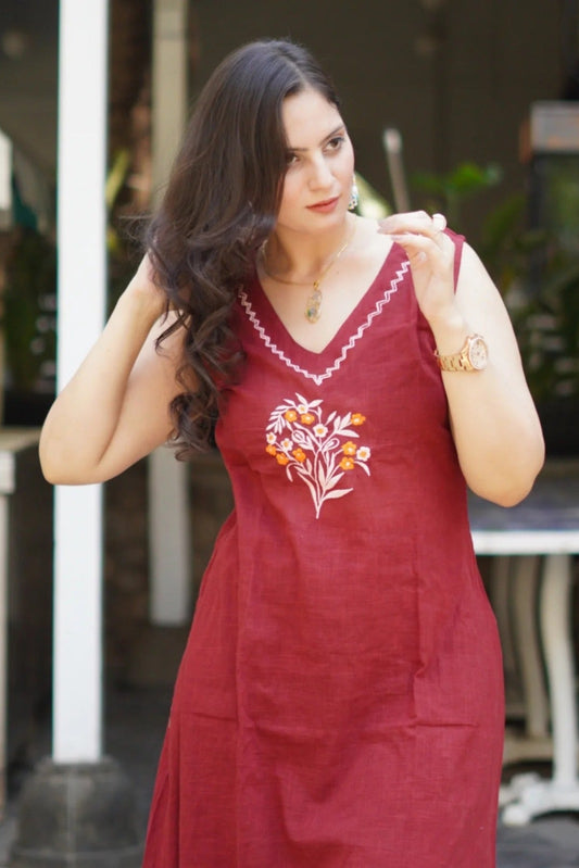 elegant mehroon suit with floral embroidary  on cotton Co-Ord Set - Vastra Gehna
