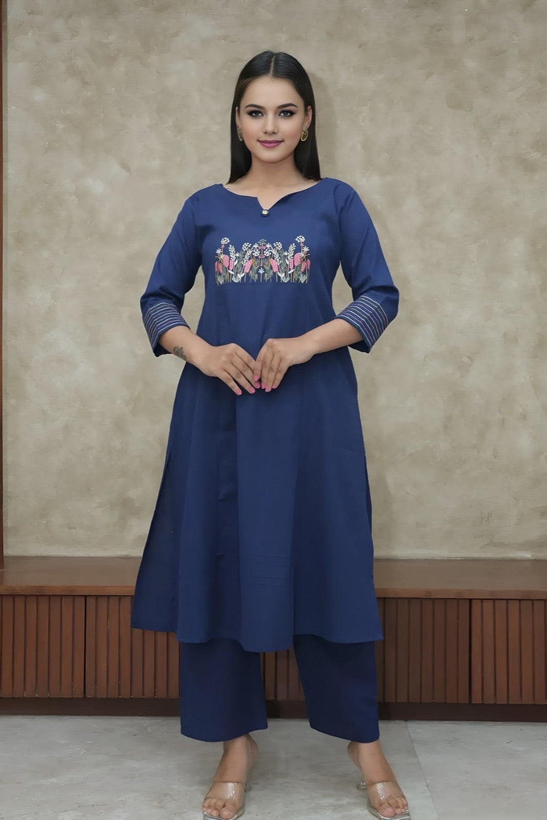 blue suit withfloral embroidary  on cotton Co-Ord Set - Vastra Gehna