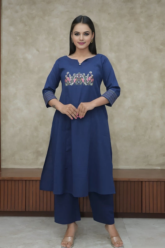 blue suit withfloral embroidary  on cotton Co-Ord Set - Vastra Gehna