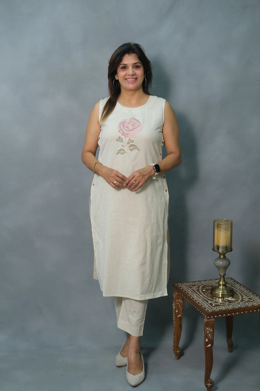 off white floral Embroidered Cotton Co-Ord Set (Copy) - Vastra Gehna