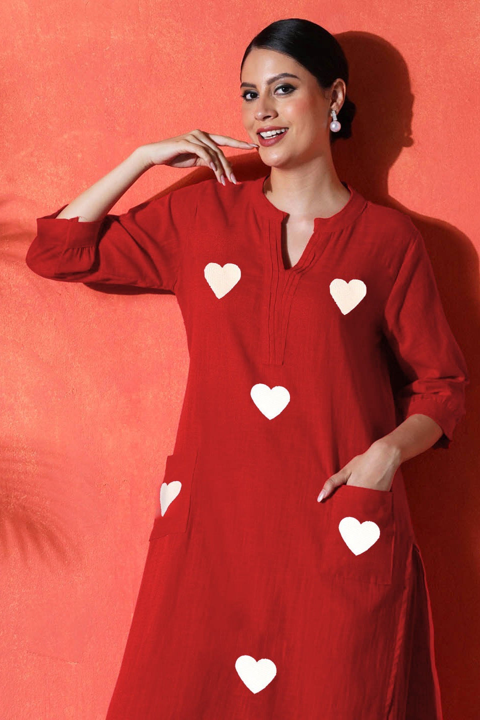 red suit with white heart print  on cotton Co-Ord Set - Vastra Gehna
