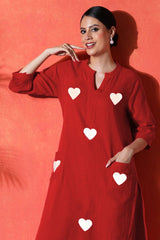red suit with white heart print  on cotton Co-Ord Set - Vastra Gehna