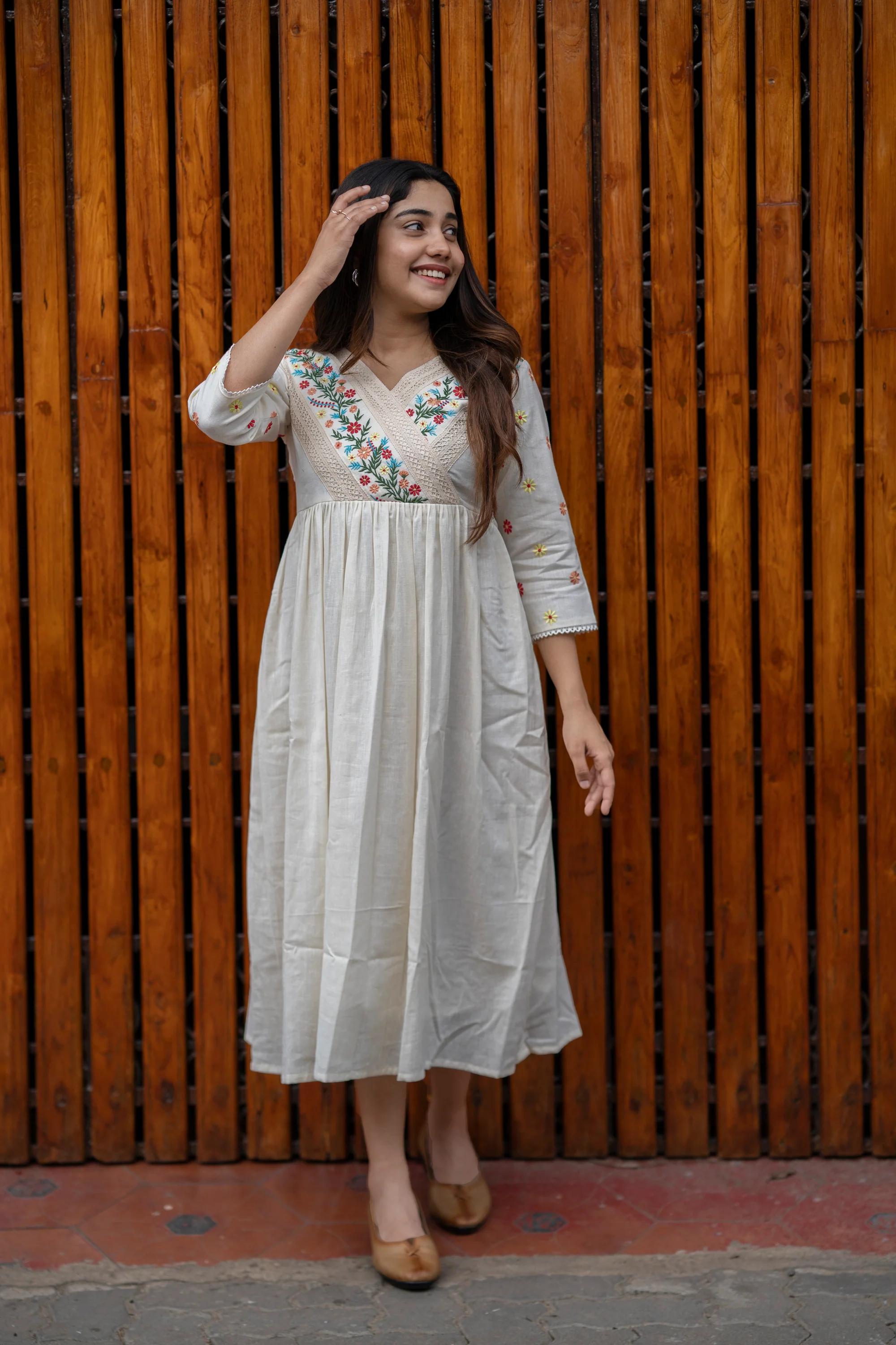 Our elegant designer printed kurta as gown set pure cotton. - Vastra Gehna
