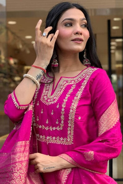 Our elegant designer printed kurta & plazzo with dupatta  as gown set pure cotton. - Vastra Gehna