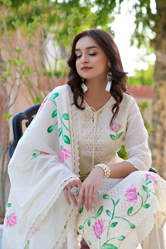 Our elegant designer printed kurta & plazzo with dupatta co-ord set set pure cotton. - Vastra Gehna