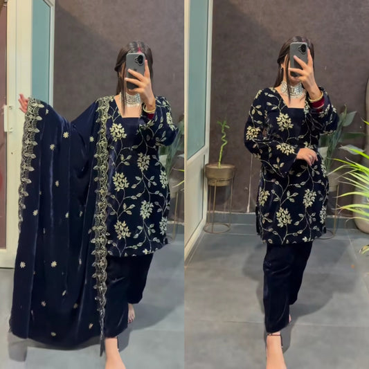 :Pure Heavy Viscose Velvet With *Heavy Embroidery Multi Sequence Work* With Full Embroidery Sleeve