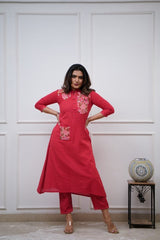 Our elegant designer Embroidary pocket style  work  kurta with plazzo co-ord set pure cotton - Vastra Gehna