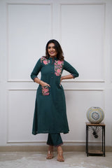 Our elegant designer Embroidary pocket style  work  kurta with plazzo co-ord set pure cotton - Vastra Gehna