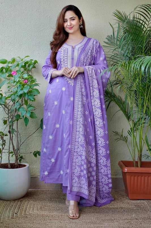 Our elegant designer printed kurta plazzo with dupatta co-ord set set pure cotton. - Vastra Gehna