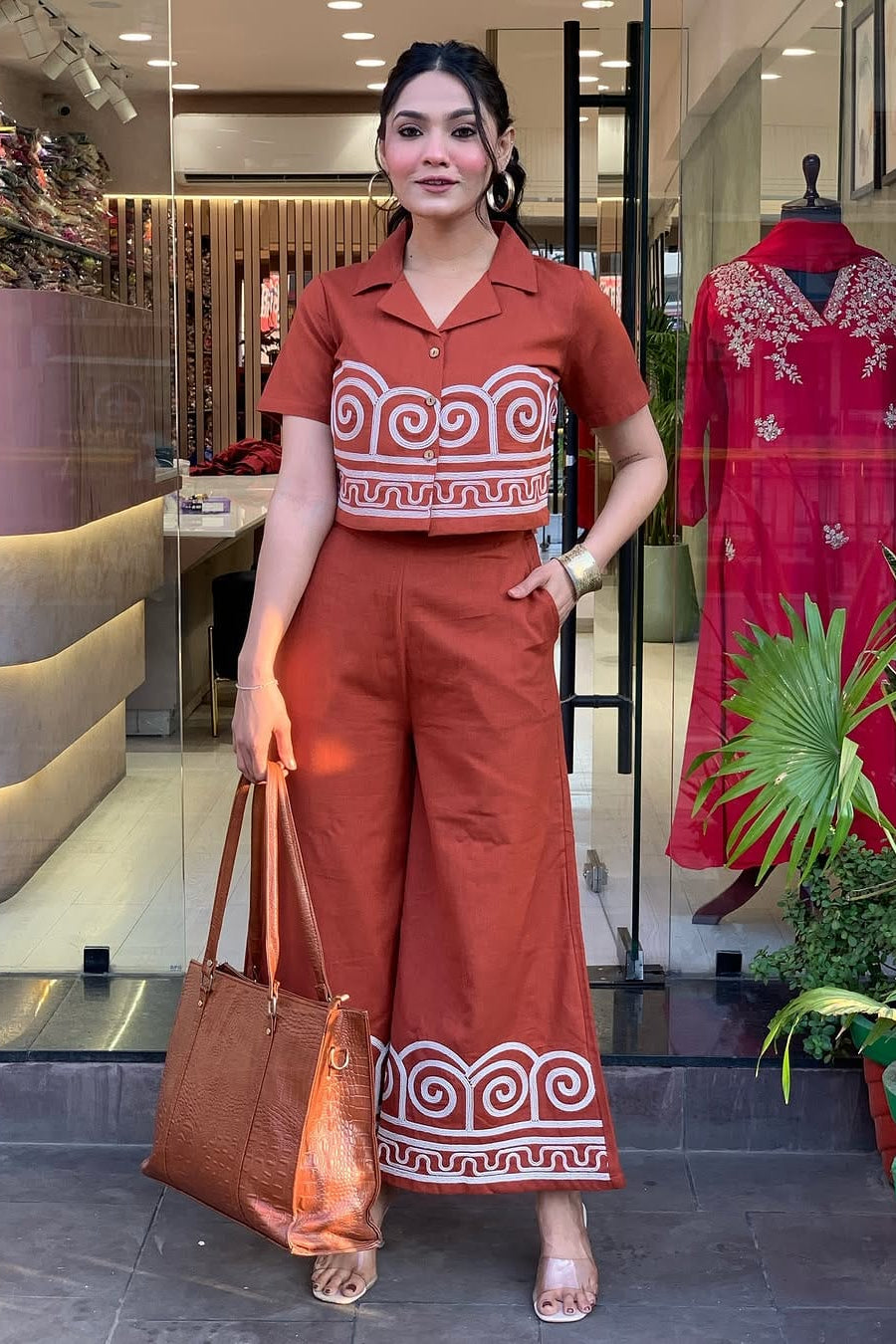 Pale Red Embroidered Cotton Co-Ord Set - Vastra Gehna