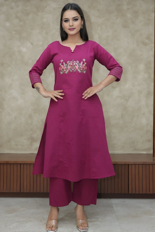 purple suit with floral embroidary  on cotton Co-Ord Set - Vastra Gehna