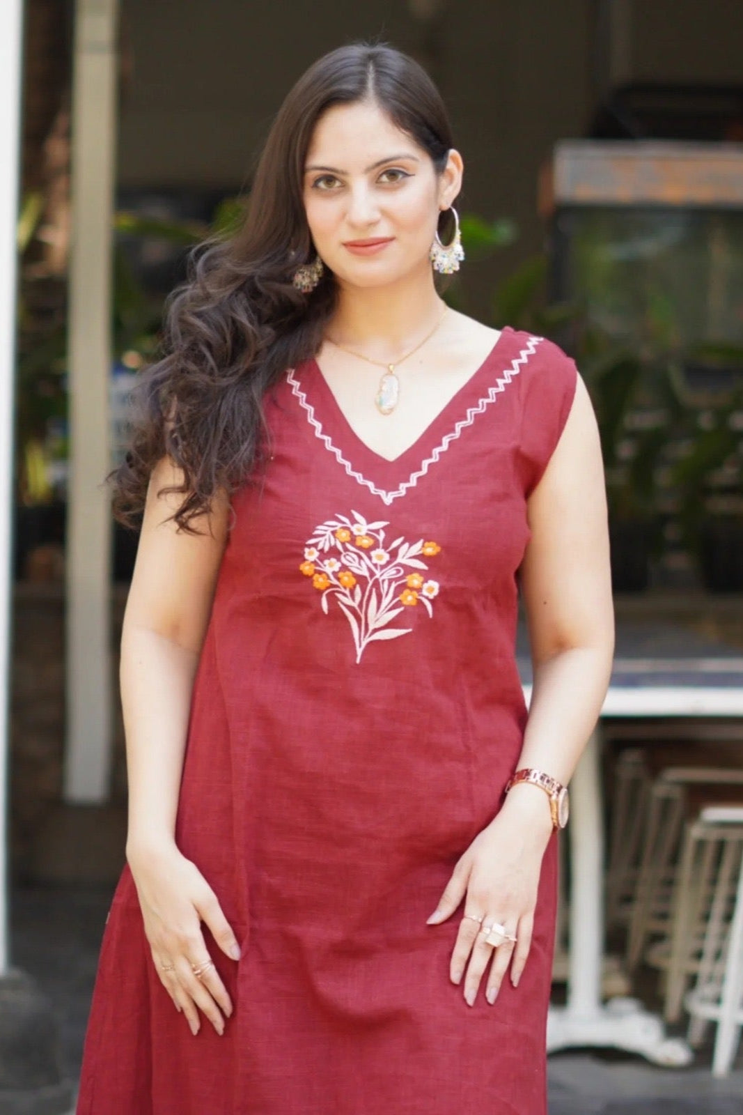 elegant mehroon suit with floral embroidary  on cotton Co-Ord Set - Vastra Gehna