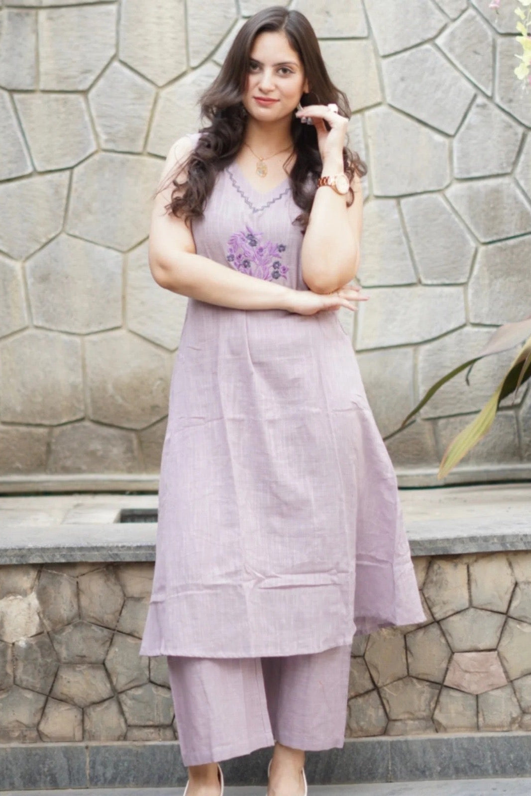 elegant purple suit with floral embroidary  on cotton Co-Ord Set - Vastra Gehna