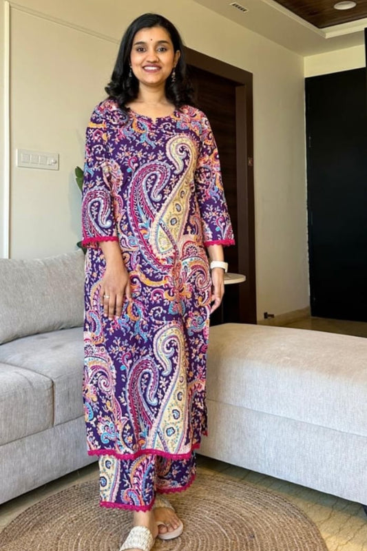 Our elegant designer printed work multicolours  kurta with plazzo co-ord set pure cotton