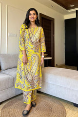 Our elegant designer printed work multicolours  kurta with plazzo co-ord set pure cotton