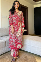 Our elegant designer printed work multicolours  kurta with plazzo co-ord set pure cotton