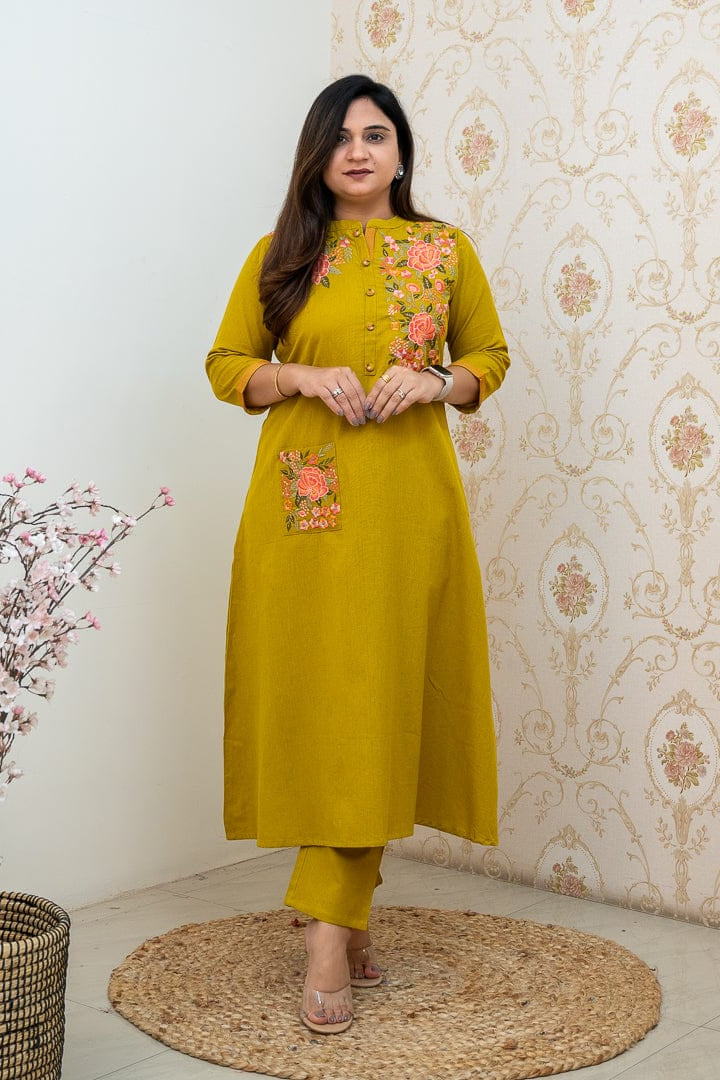 Our elegant designer Embroidary pocket style  work  kurta with plazzo co-ord set pure cotton - Vastra Gehna