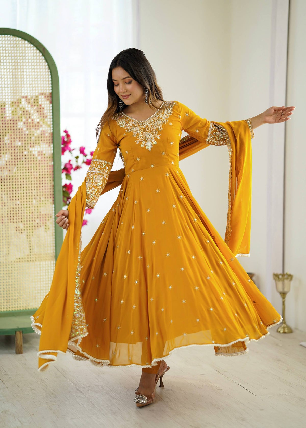"Elegant Embroidered Rembo Sequence Designer Anarkali Three Piece Set"