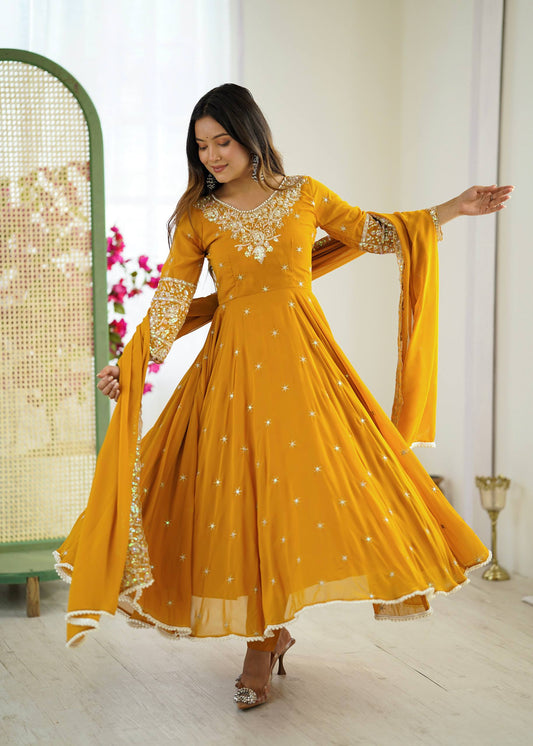 "Elegant Embroidered Rembo Sequence Designer Anarkali Three Piece Set"