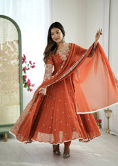 "Elegant Embroidered Rembo Sequence Designer Anarkali Three Piece Set"