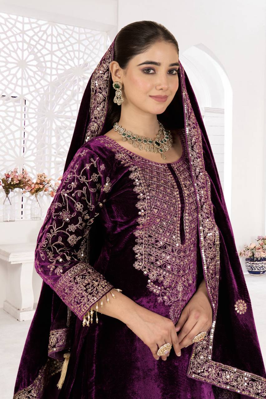 Pure Heavy Viscose Velvet With *Heavy Embroidery Coding Sequence Work* With Full Embroidery Sleeve