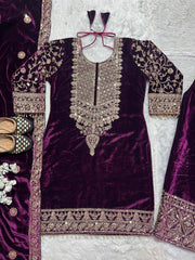 Pure Heavy Viscose Velvet With *Heavy Embroidery Coding Sequence Work* With Full Embroidery Sleeve