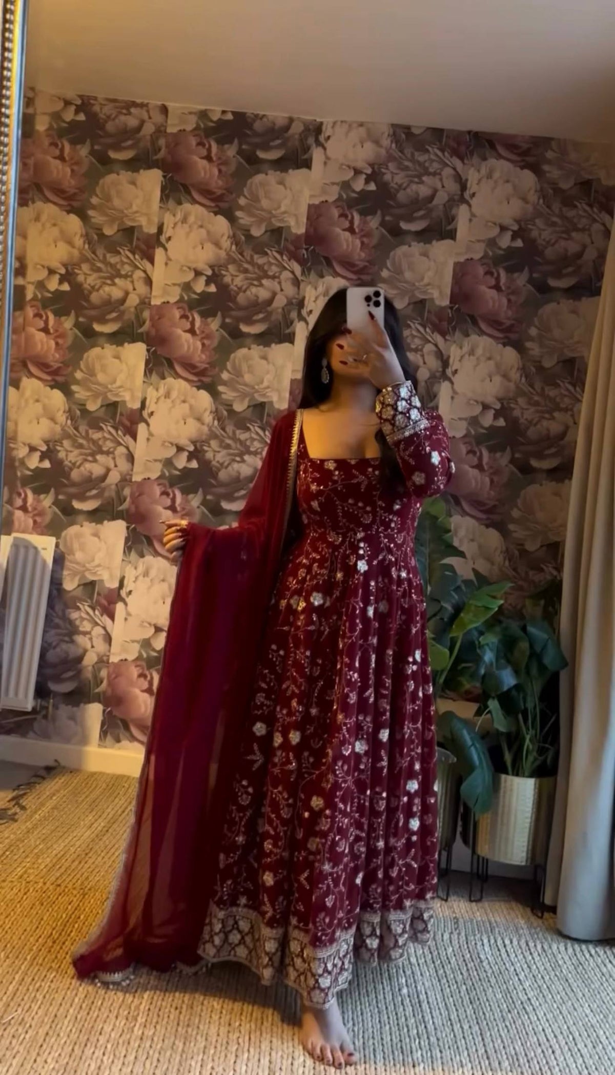 "Elegant Embroidered Sequence Designer Anarkali Three Piece Set"