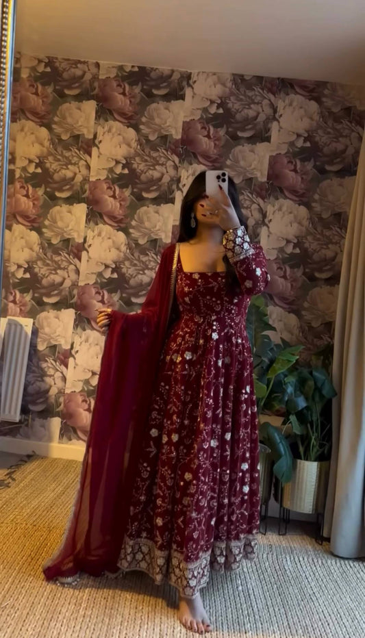 "Elegant Embroidered Sequence Designer Anarkali Three Piece Set"