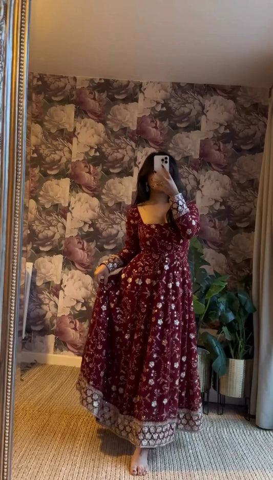 "Elegant Embroidered Sequence Designer Anarkali Three Piece Set"