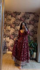 "Elegant Embroidered Sequence Designer Anarkali Three Piece Set"