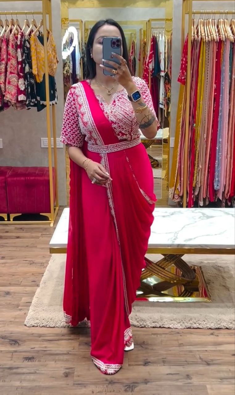 uper Trending Embroidery cording work ready to wear saree with Embroidery Blouse