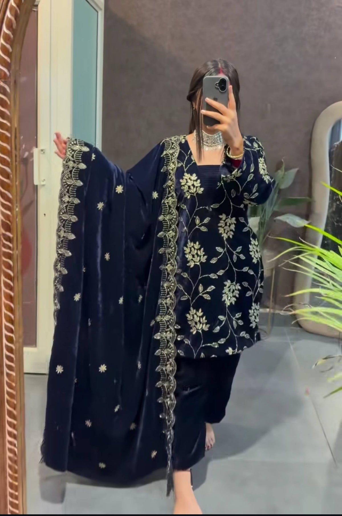 :Pure Heavy Viscose Velvet With *Heavy Embroidery Multi Sequence Work* With Full Embroidery Sleeve