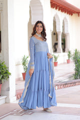 Faux Georgette gown with With Sequins Zari Embroidered Cut Work Dupatta,