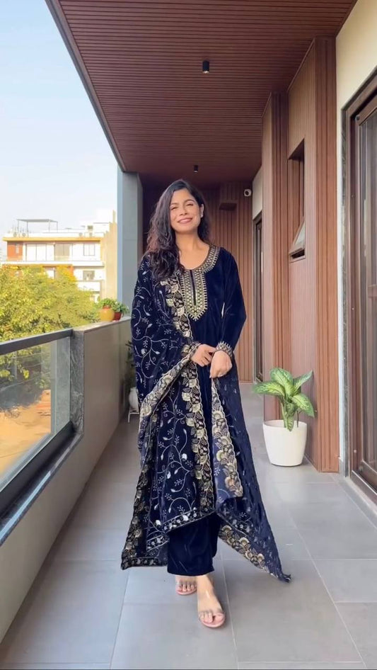 VELVET COLLECTION FOR THIS WINTER SEASON OUR EXCLUSIVE 3 PIECE PANT PAIR WITH SEQUENCE EMBROIDERY WORK