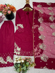 Presenting New Designer Collection In Natural Crep Silk Top-Bottom And Dupatta Set Fully Stitched Ready To Wear