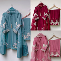 Presenting New Designer Collection In Natural Crep Silk Top-Bottom And Dupatta Set Fully Stitched Ready To Wear