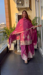 Pure Heavy Chinnon Silk With *Heavy Embroidery Coding Sequence Work* With Full Embroidery Sleeve Suit