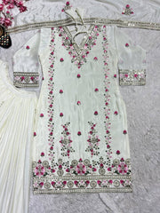 Pure Heavy Chinnon Silk With *Heavy Embroidery Coding Sequence Work* With Full Embroidery Sleeve Suit