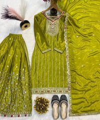 Pure Heavy Chinnon Silk With *Heavy Embroidery Coding Sequence Work* With Full Embroidery Sleeve